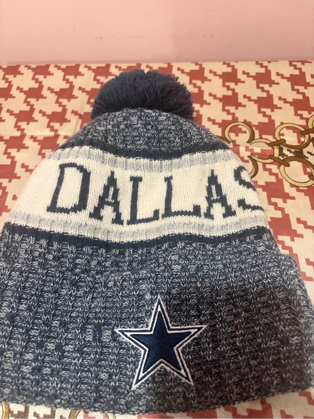 New Era Dallas Knit Pom Beanie in Navy and White - Picture 6 of 6
